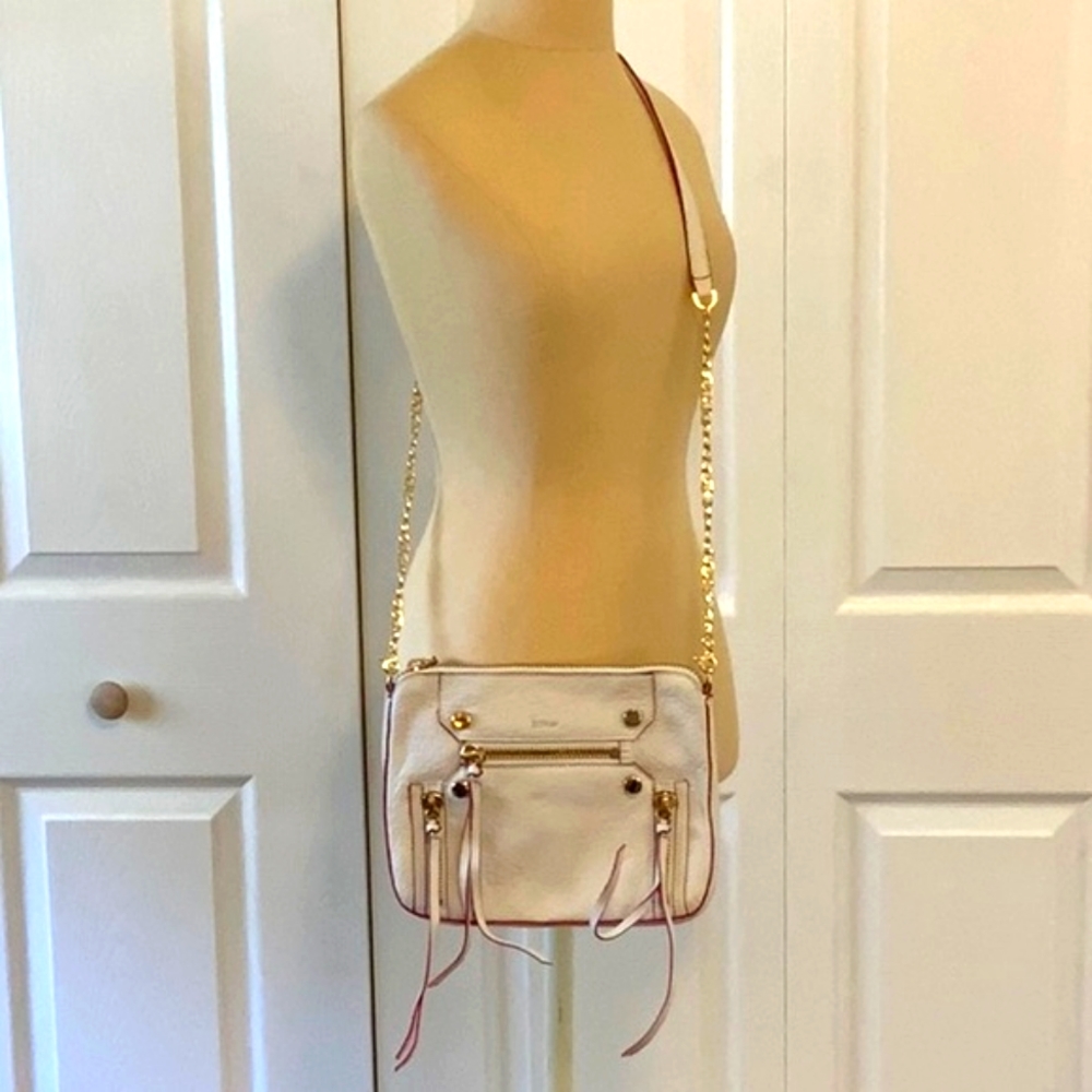 BOTKIER- White w/ Red Trim-Cross  Body Leather Bag- 44” Strap- Zip- NWT